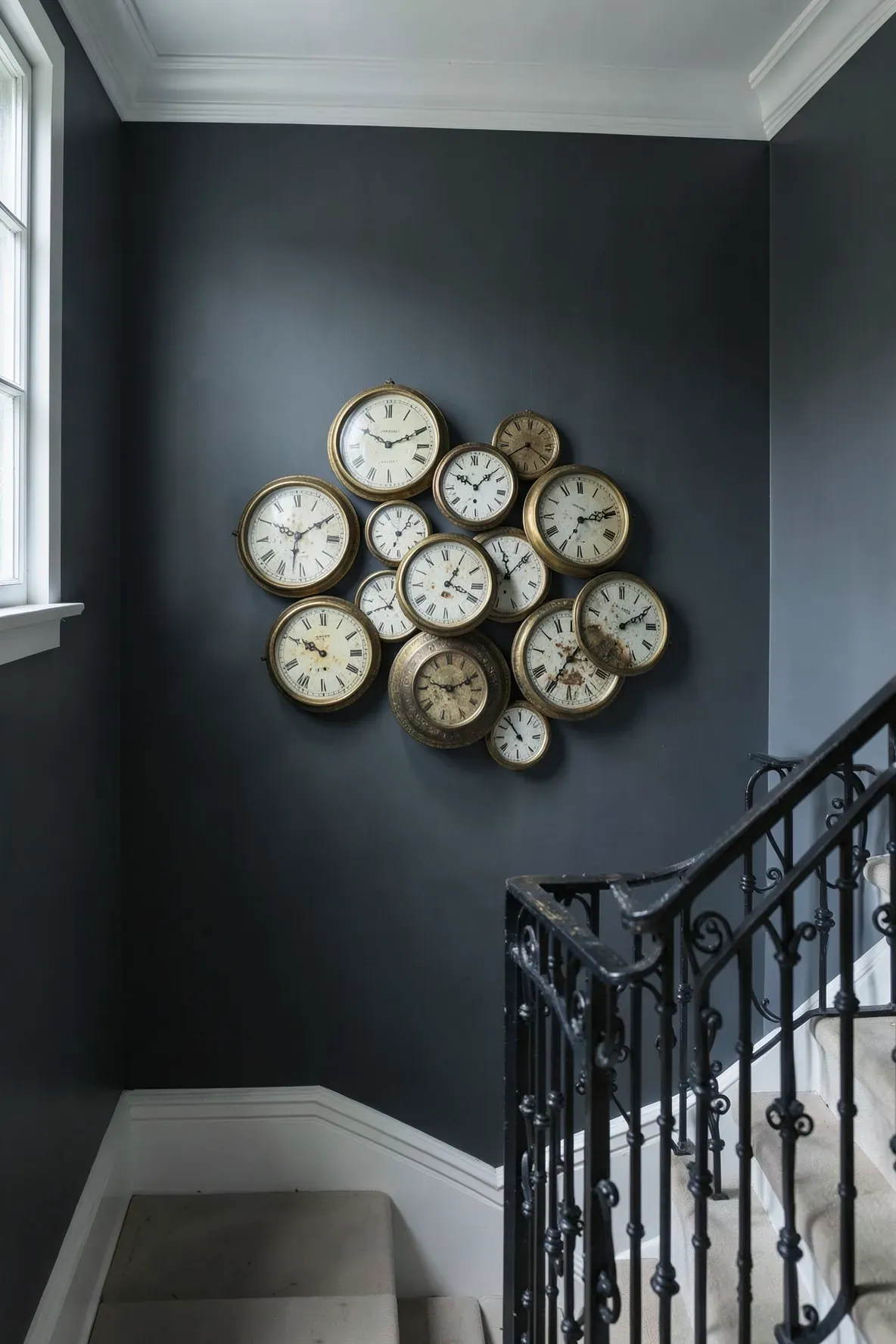 A group of antique circular clock faces arranged as art on a dark staircase wall.