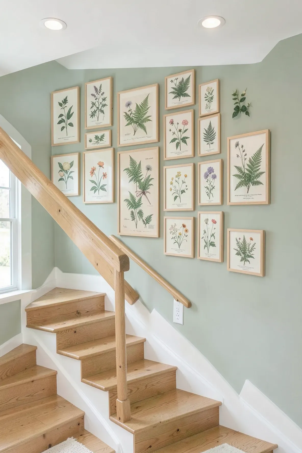 A staircase wall decorated with a grid of framed vintage botanical illustrations on a sage green wall.