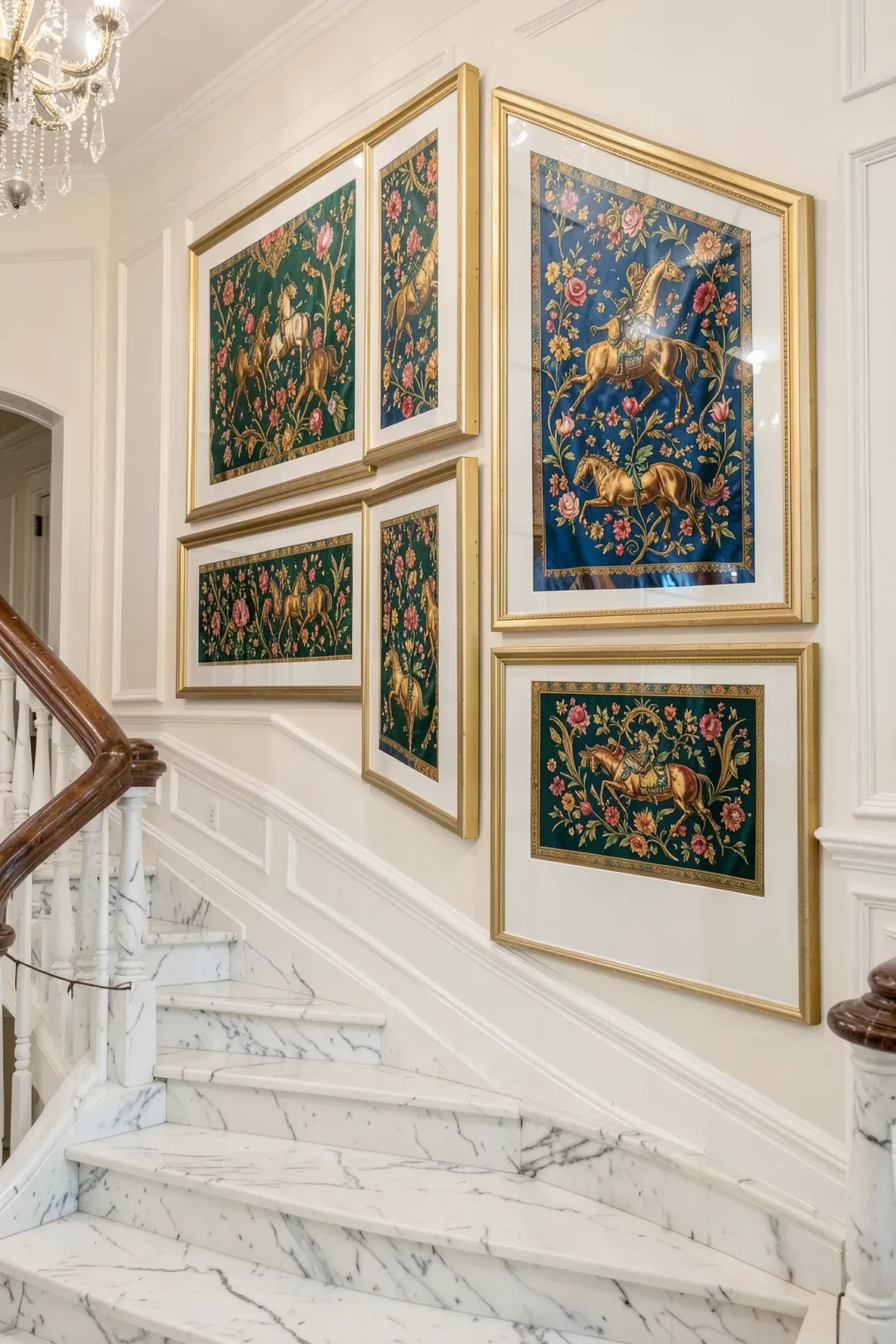 A grand marble staircase with large gold-framed vintage silk scarves displayed as wall art.