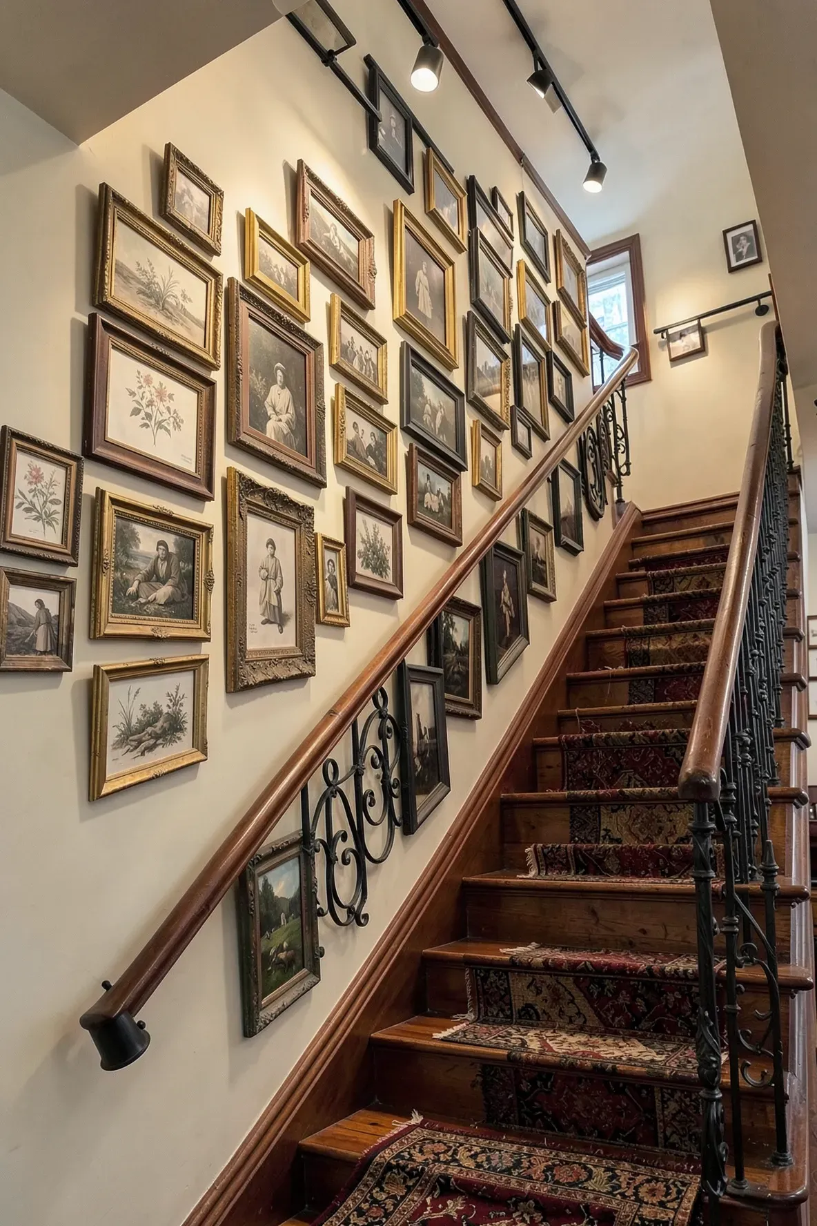 Eclectic vintage frames on a staircase wall illuminated by black ceiling track lights.