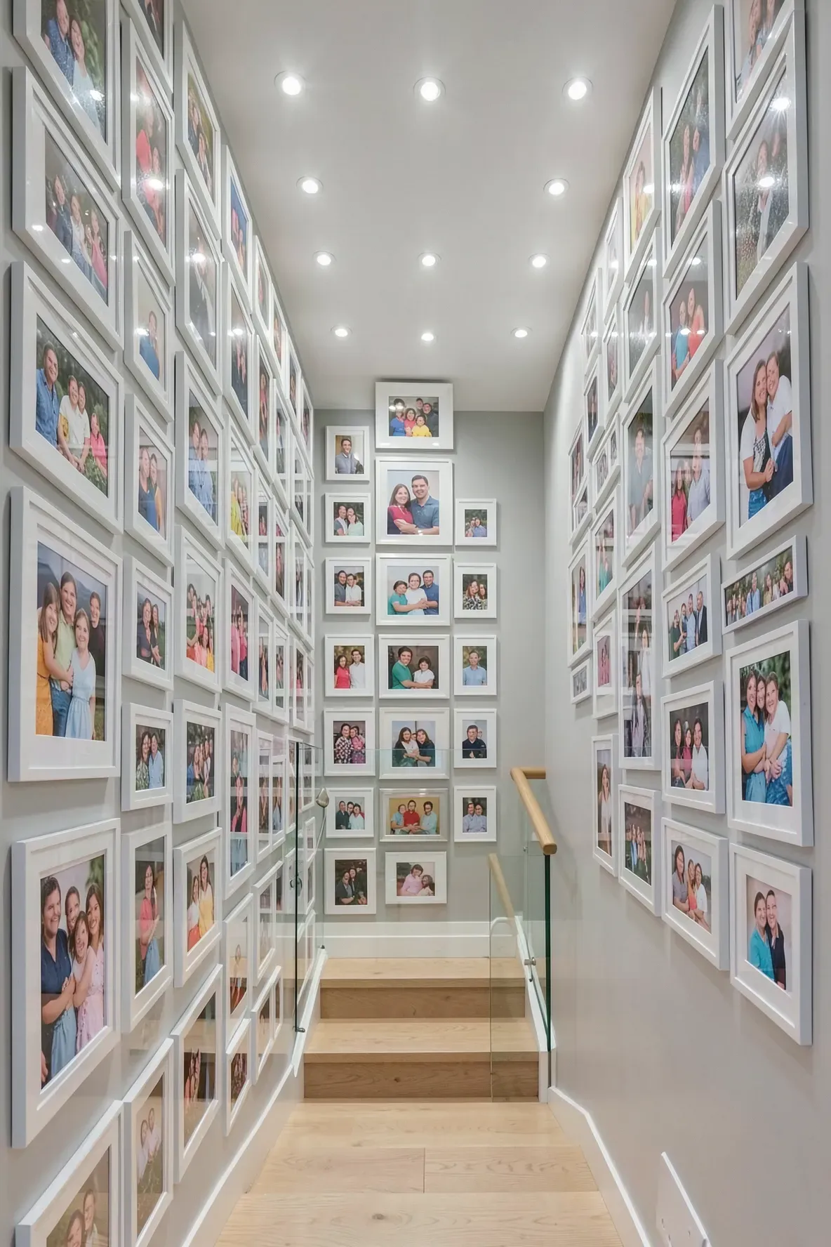 A narrow stairwell with a wall completely covered in framed photos and bright ceiling spotlights.