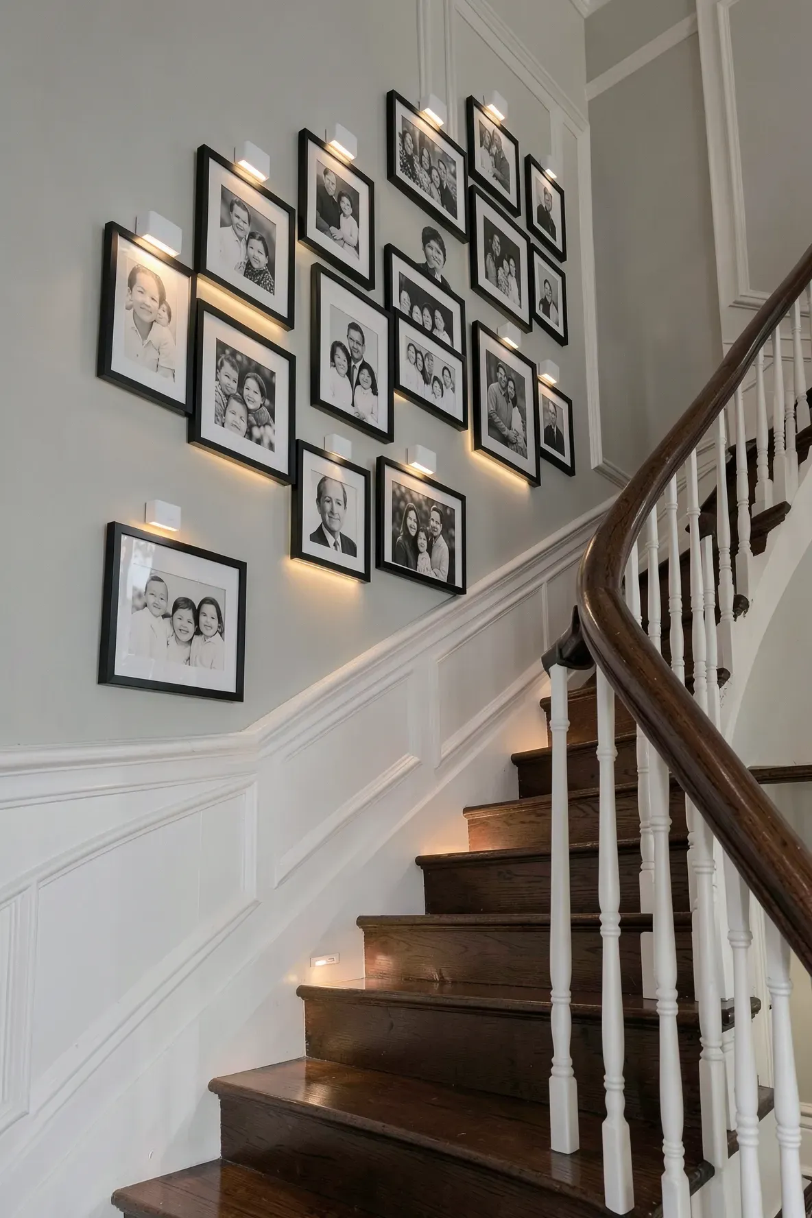 Staggered black and white photos on a wainscoted staircase wall with soft LED lighting.