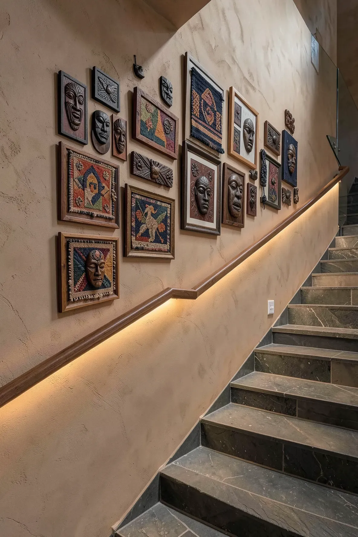 Mixed media art on a textured wall illuminated by a glowing LED strip under the staircase handrail.