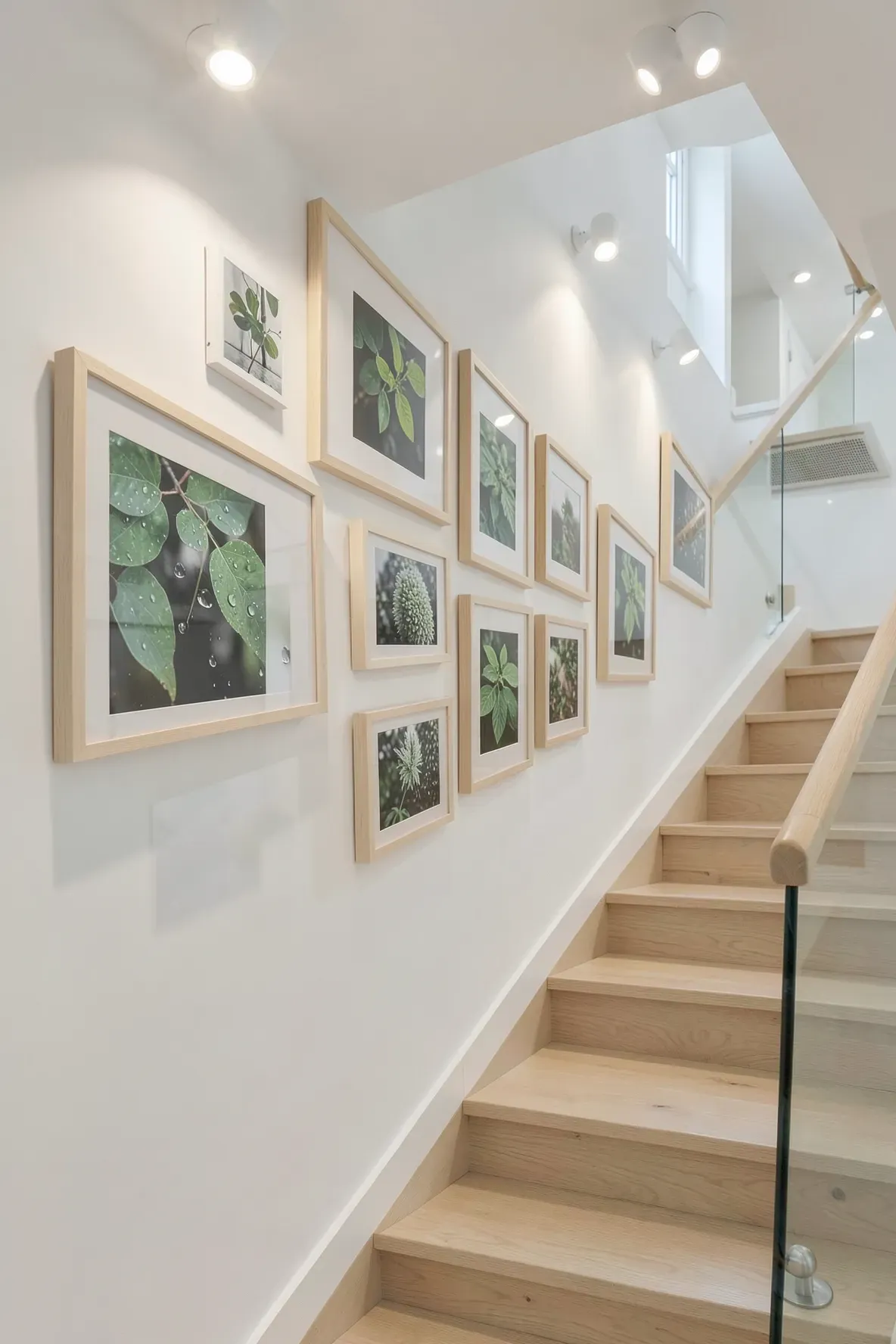 A row of identical oak square frames following the stairs' incline under angled ceiling lights.