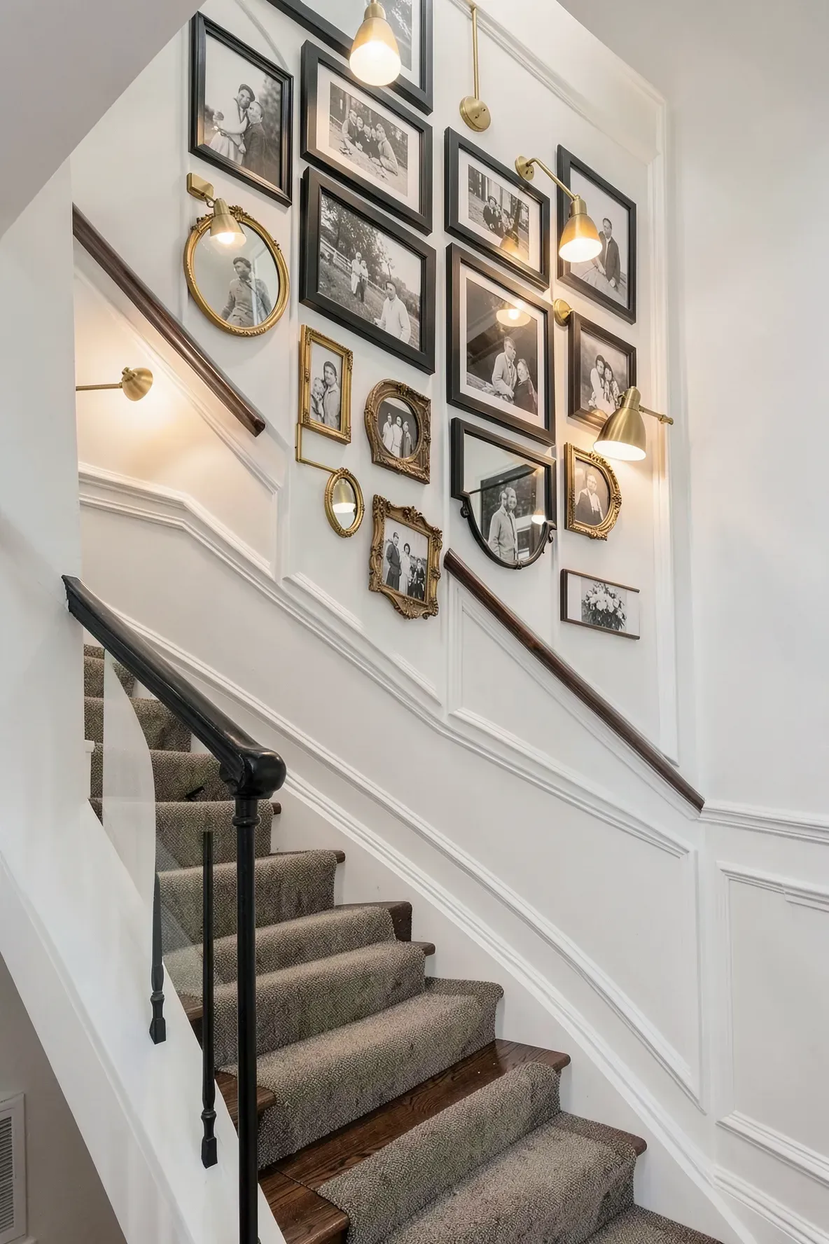 A stairway gallery wall featuring a mix of framed photos and vintage mirrors lit by brass swing-arm lamps.