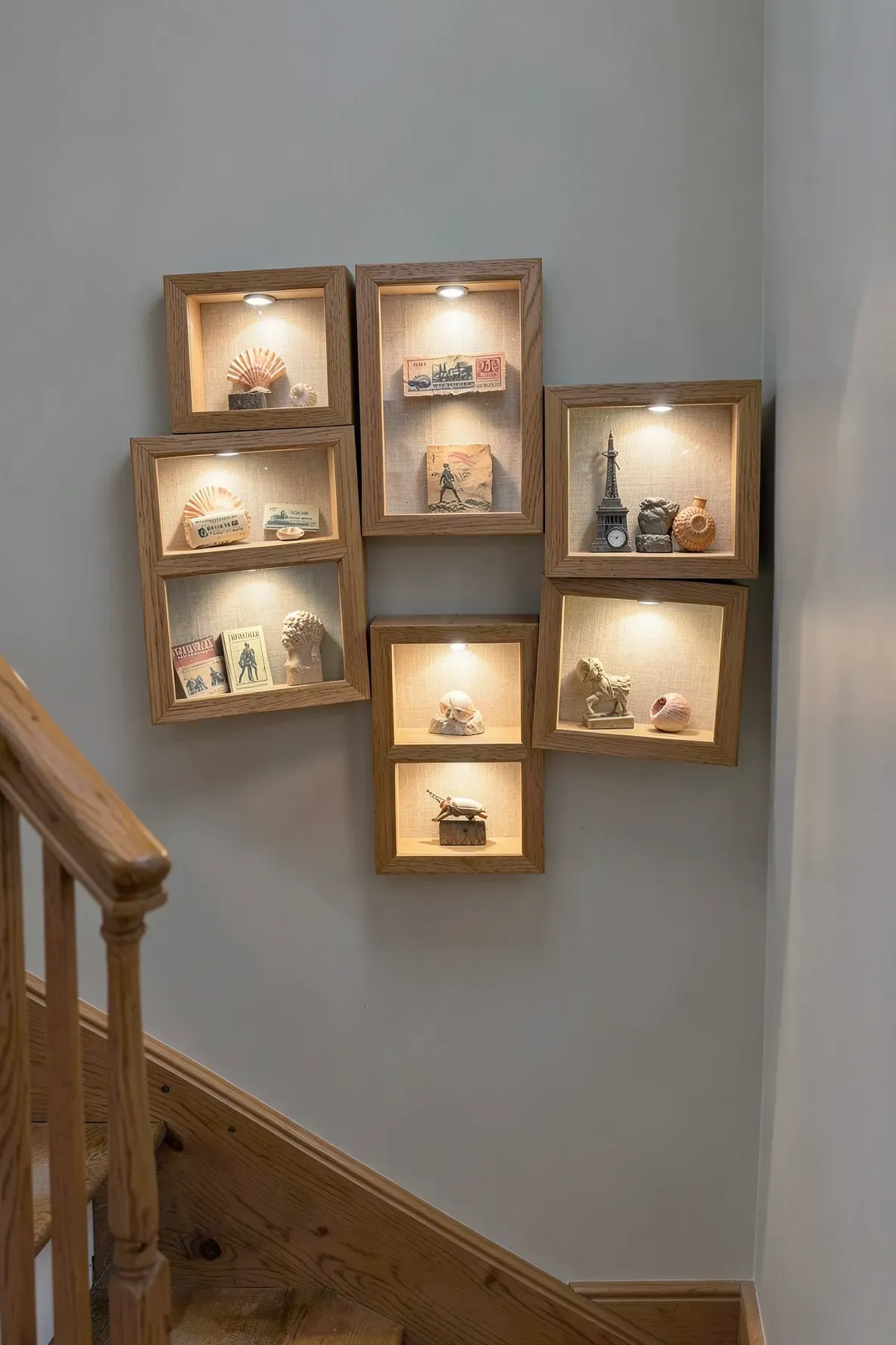 Illuminated shadow boxes on a staircase wall displaying travel souvenirs with internal puck lighting.