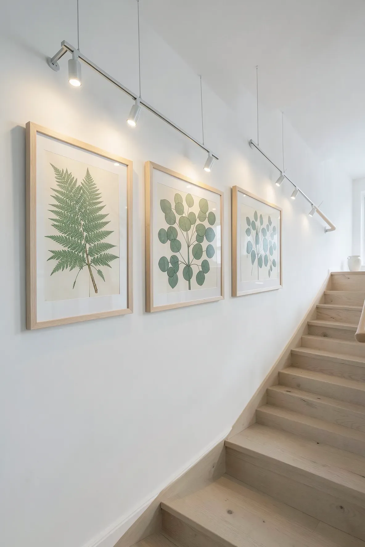 Large botanical prints in light wood frames on a staircase wall with modern cable track lighting.