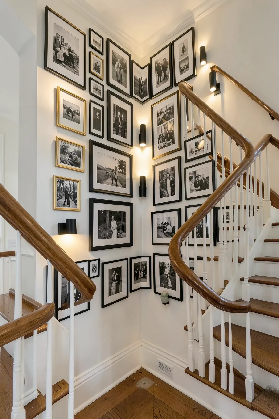 A gallery wall wrapping around a staircase corner with up-and-down light sconces brightening the turn.