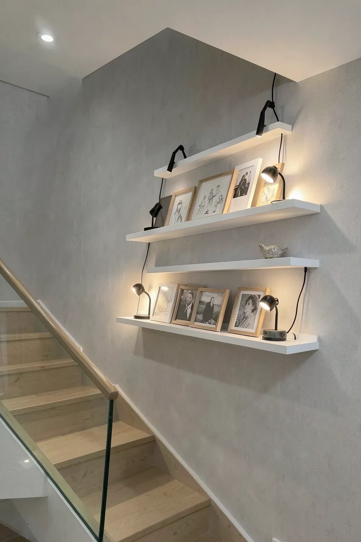 Floating shelves on a staircase wall with leaned art frames and black clip-on lamps.