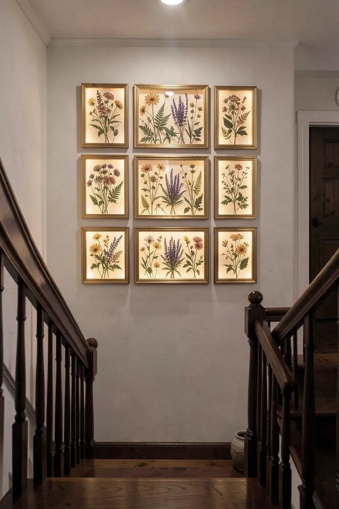 A grid of pressed flower frames glowing with warm backlighting on a stair landing.