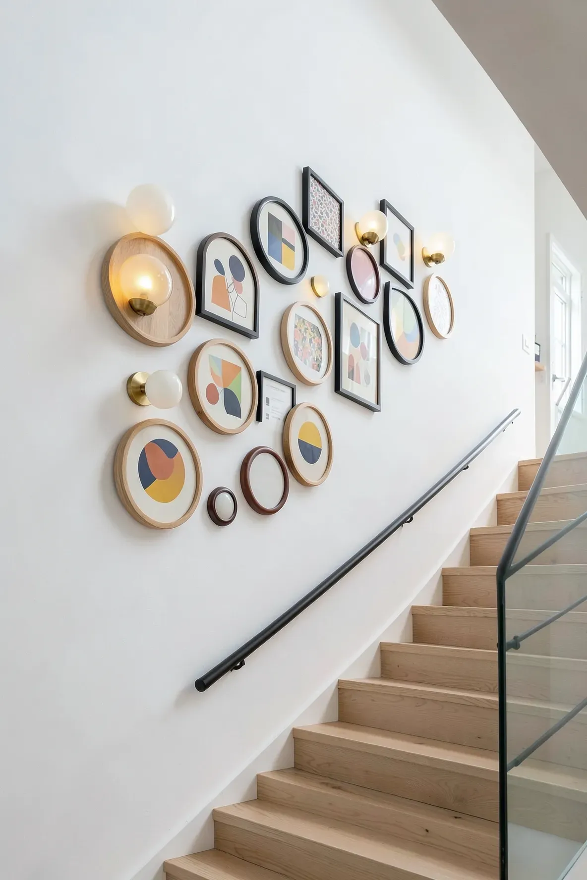 A gallery wall with round and square frames and glowing globe lights along a staircase.