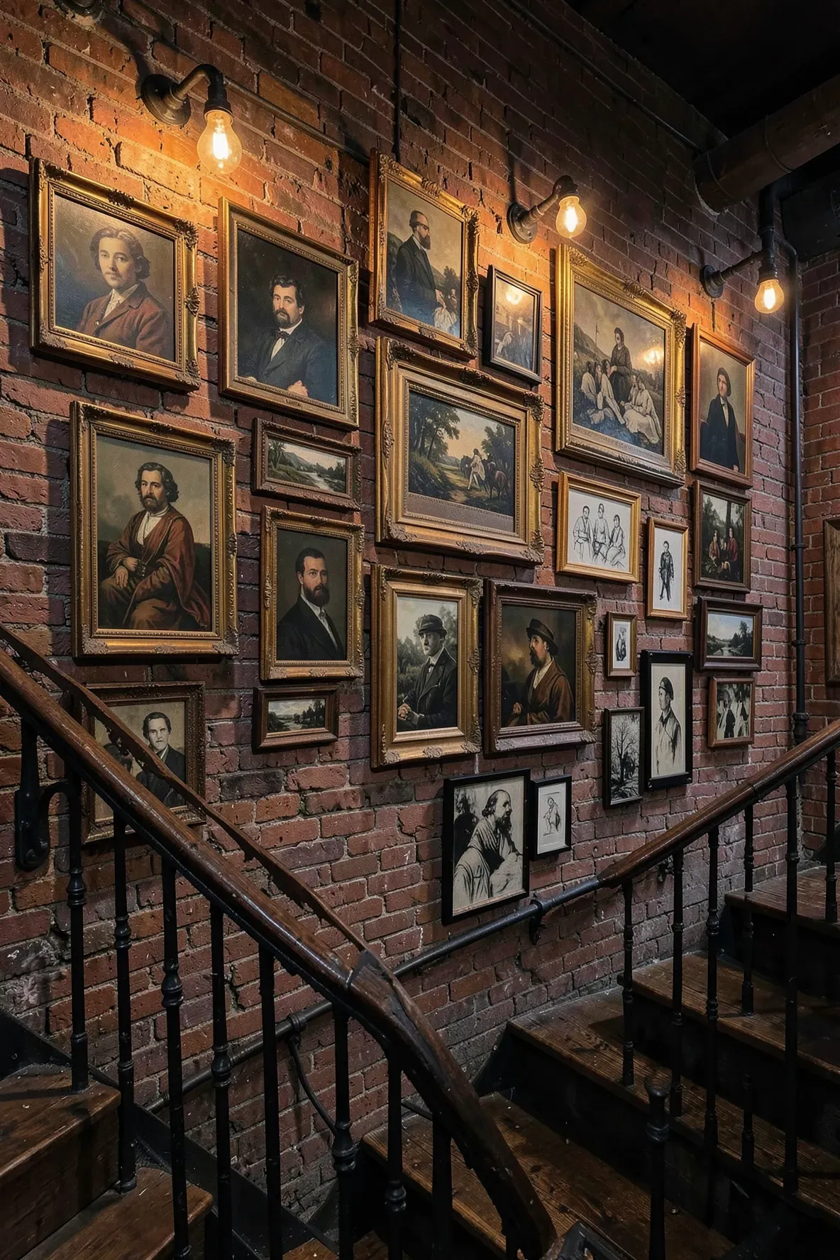 An industrial stairwell with brick walls, eclectic art, and black pipe lighting with Edison bulbs.