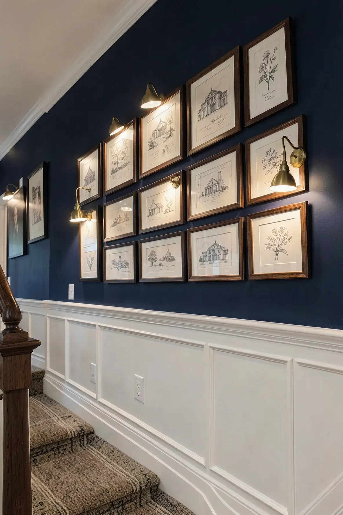 A double row of framed sketches on a navy wall lit by brass goose-neck lamps along a staircase.