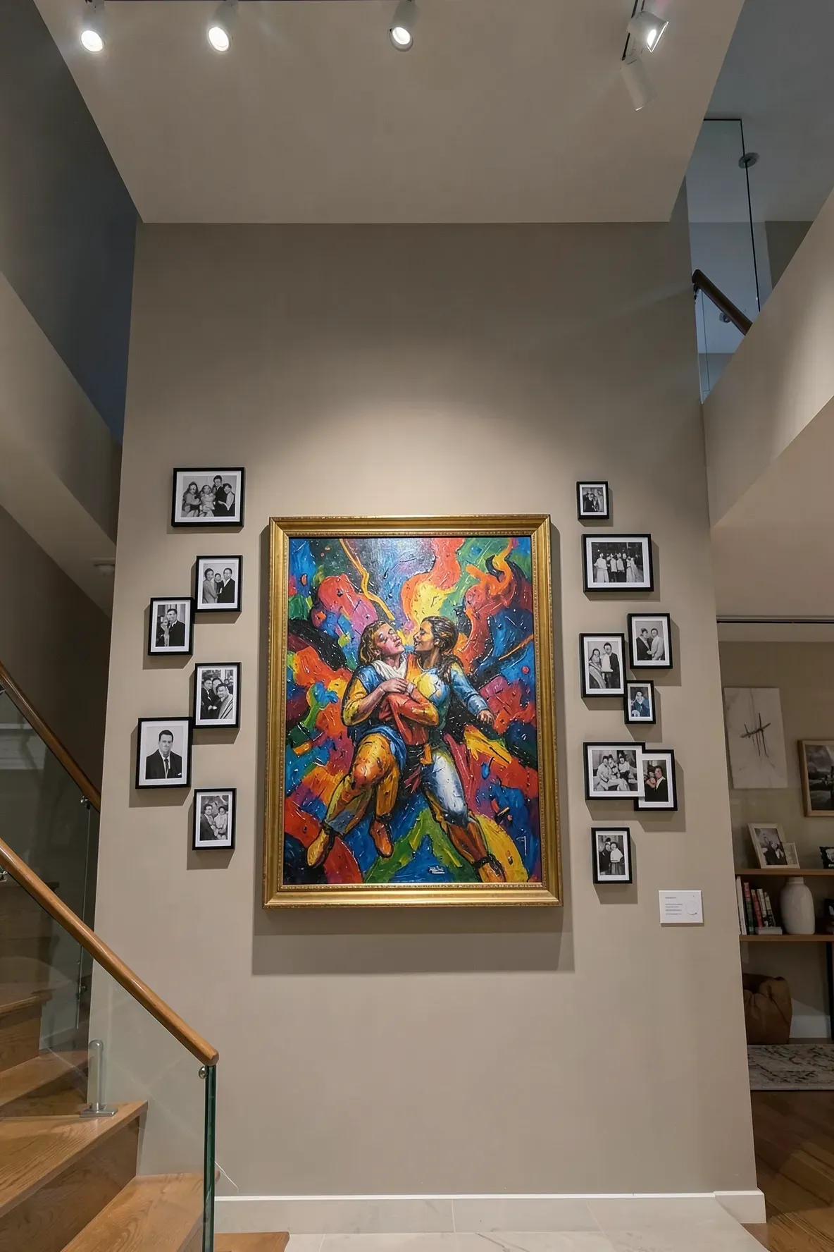 A large central abstract painting surrounded by small photos and lit by mini spotlights in a stairwell.