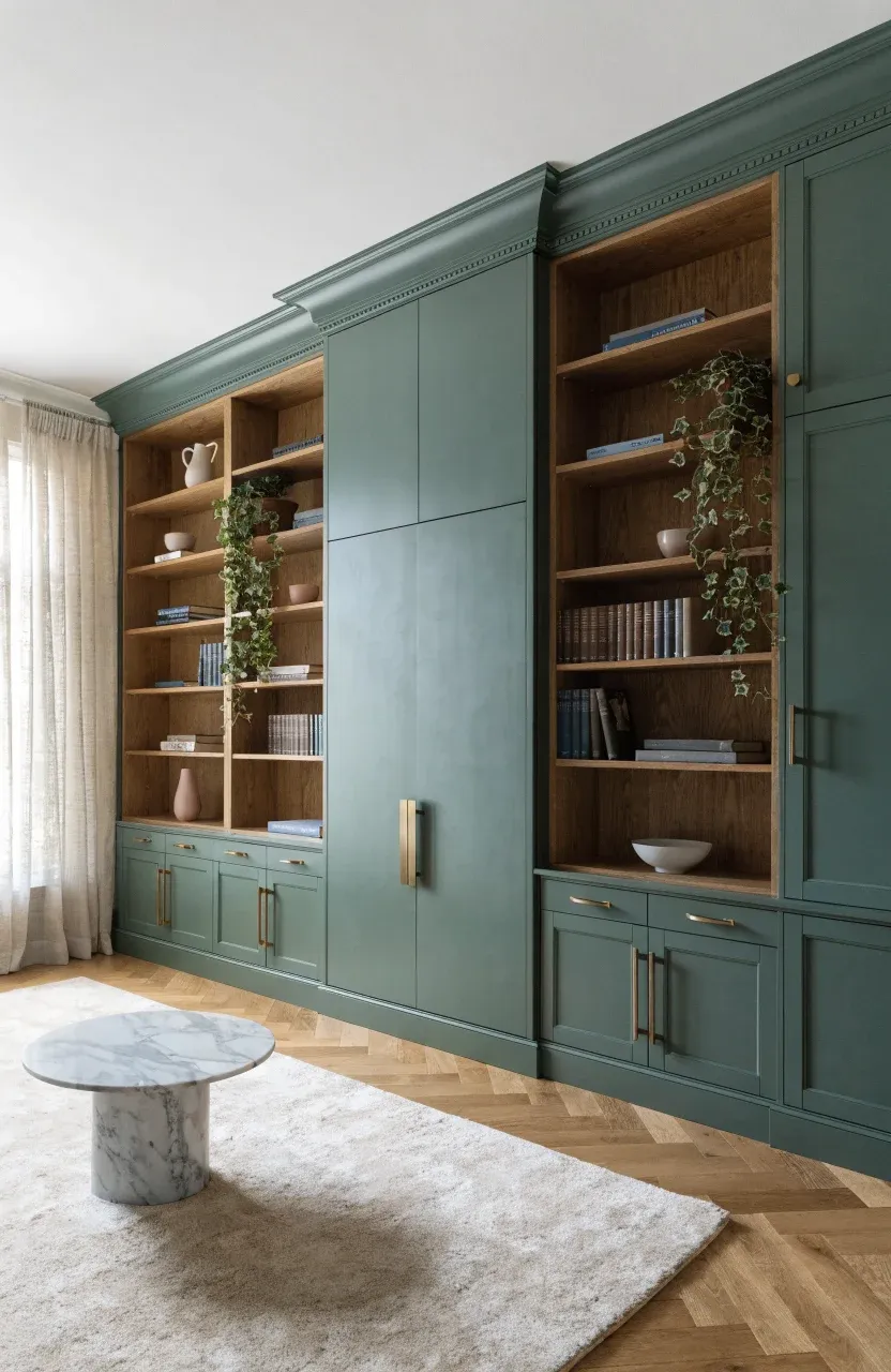 A sage green built-in wall unit with open bookshelves hiding a Murphy bed in a modern living room.