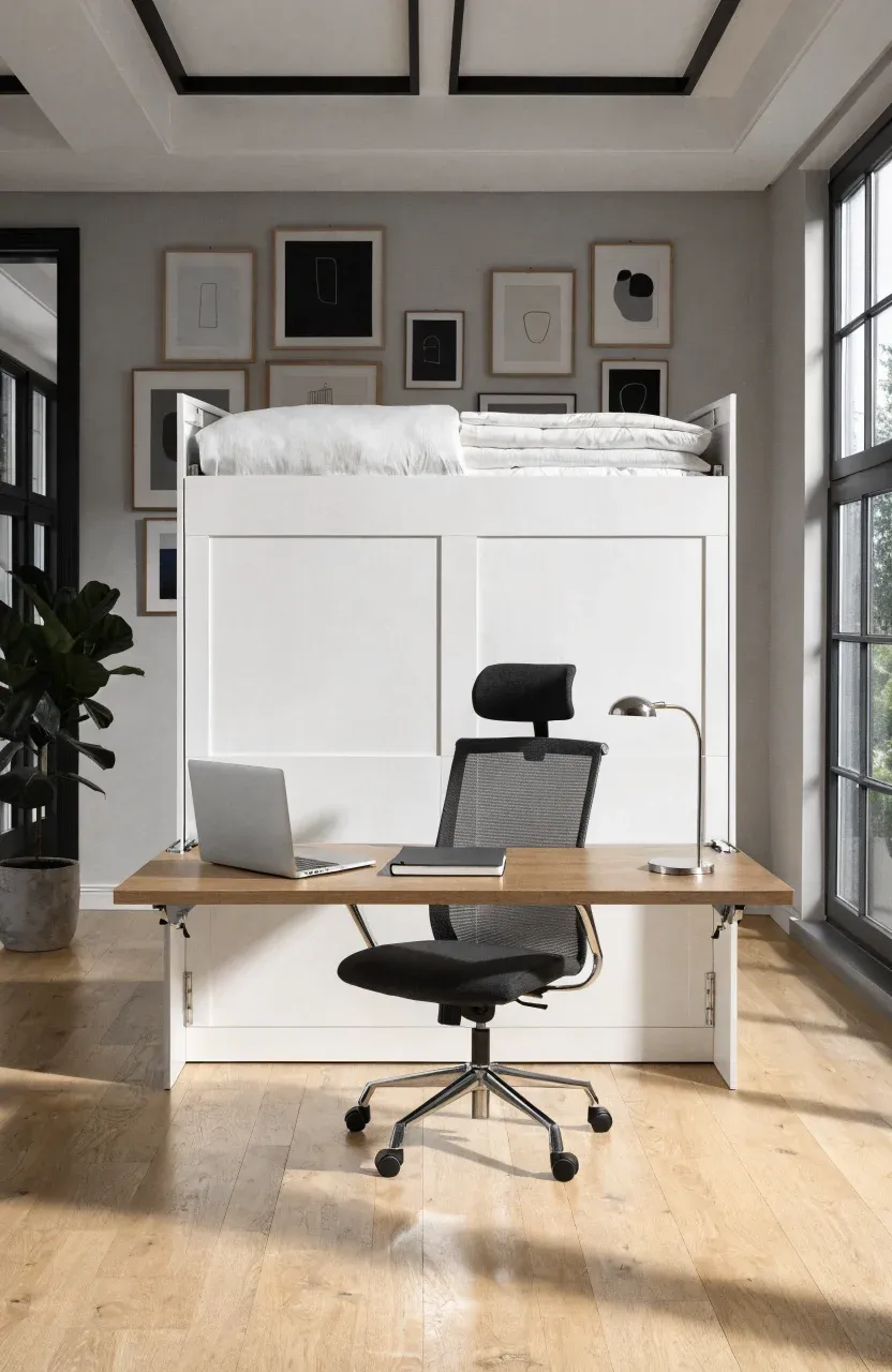 A modern home office with a white Murphy bed unit featuring an integrated wooden flip-down desk.