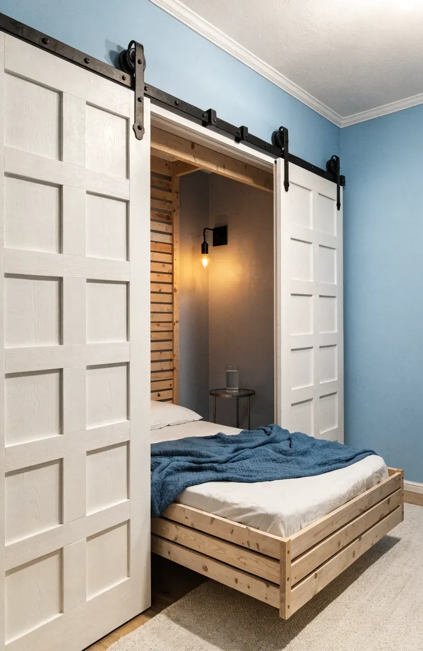 A horizontal twin Murphy bed made of light wood installed inside a closet with white barn doors.