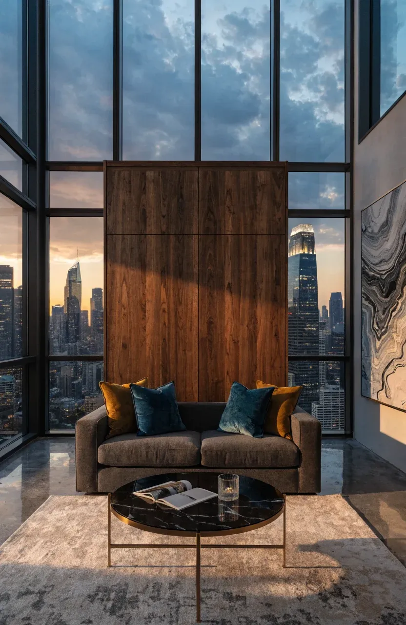 A charcoal sofa in front of a walnut Murphy bed cabinet in a luxury studio apartment.