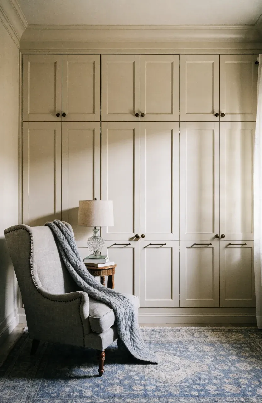 Off-white Shaker-style floor-to-ceiling cabinets concealing a Murphy bed in a guest room.