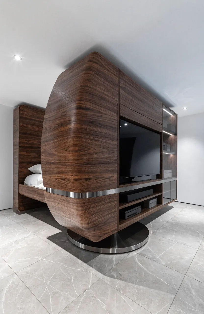 A dark oak pivoting wall unit rotating to reveal a TV on one side and a bed on the other.