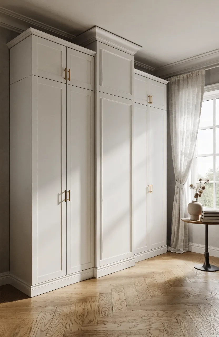 A white IKEA Pax wardrobe system with a built-in Murphy bed and gold hardware.