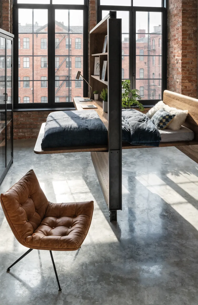 A rotating wooden room divider with a Murphy bed on one side in an industrial loft.