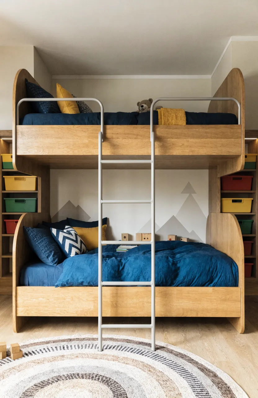 A light wood Murphy bunk bed system with a ladder and colorful bedding in a kids' room.