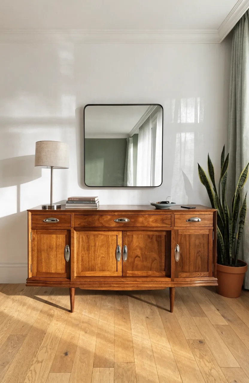 A horizontal wood Murphy bed cabinet that looks like a console table with a charging station.