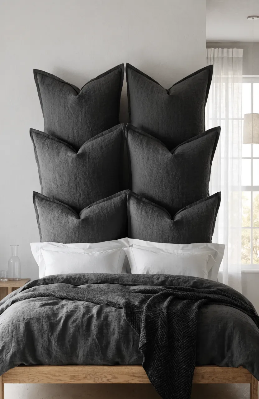 Large charcoal linen Euro shams leaned against a grey wall on a bed without a headboard.