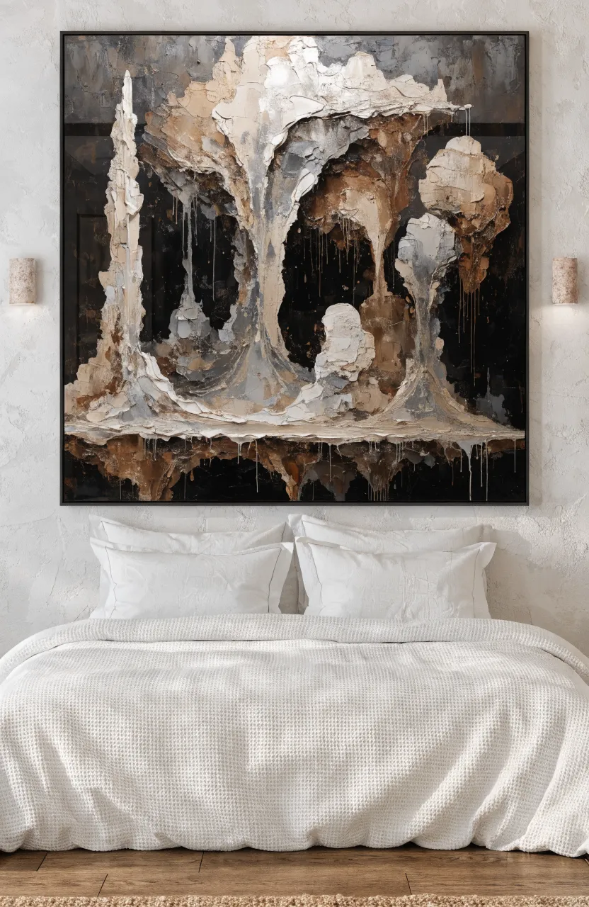A large abstract painting in a black frame centered above a bed with white textured bedding.