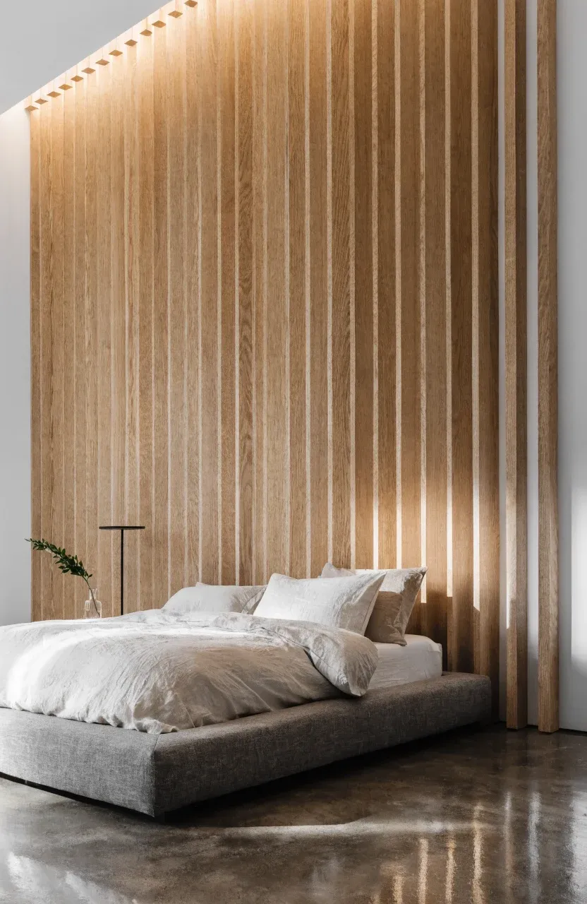 Floor-to-ceiling light oak wood slats behind a low-profile bed in a modern room.