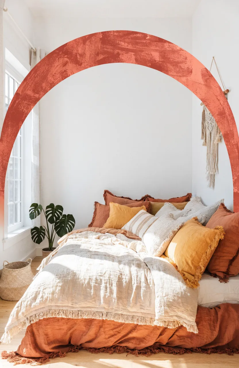 A terracotta arch wall decal behind a bed with bohemian mustard and cream pillows.