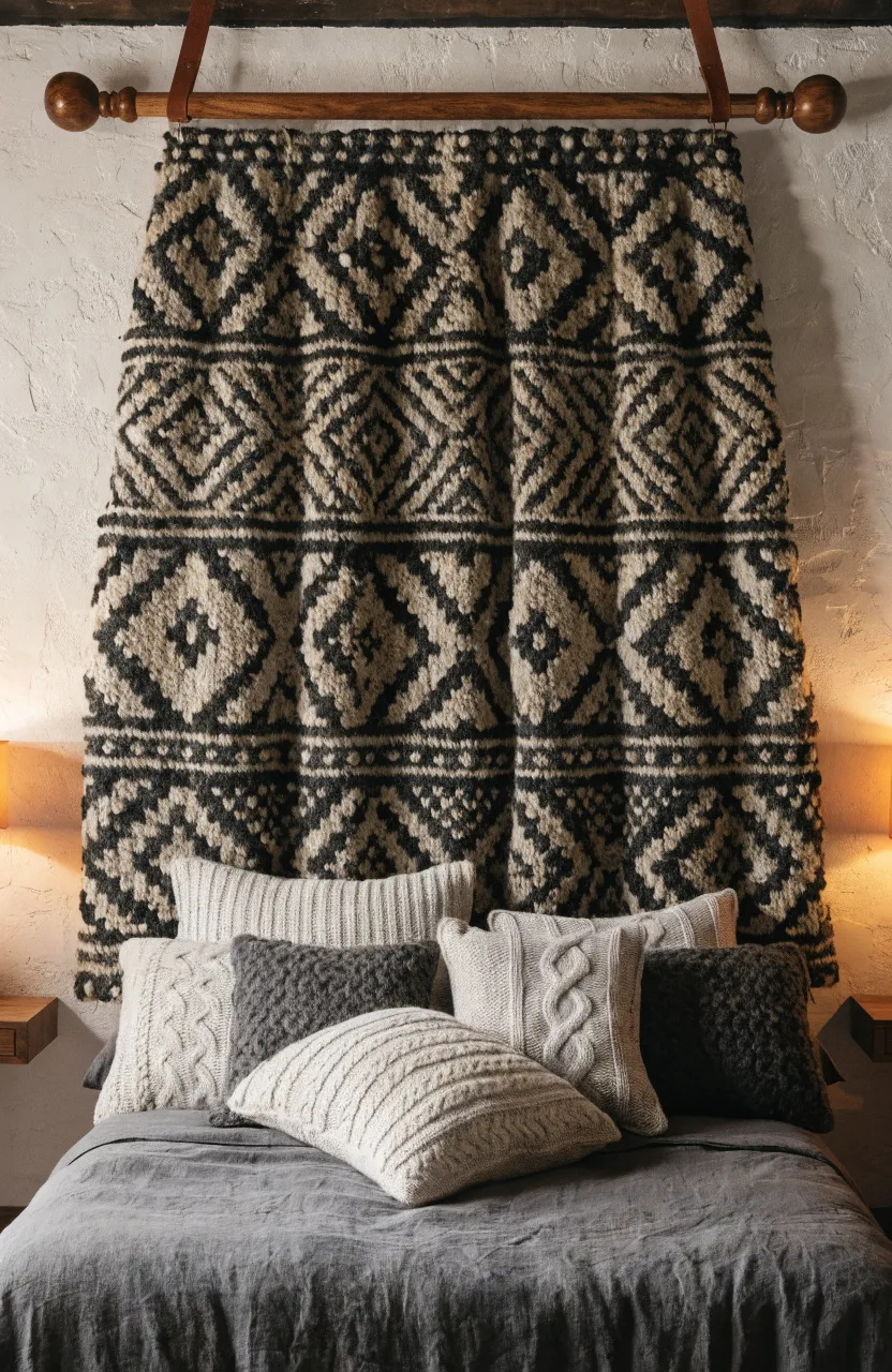 A large woven geometric tapestry hanging from a wooden rod above a bed with grey bedding.