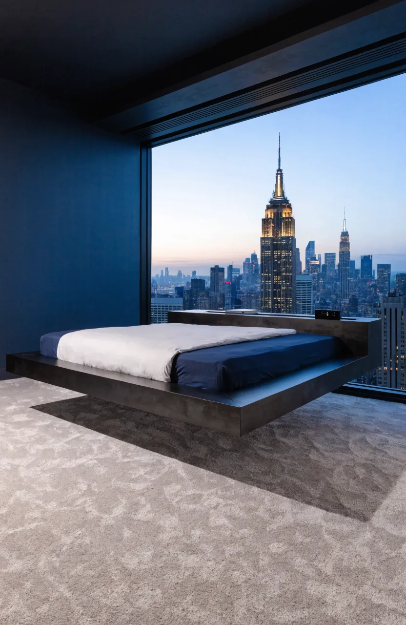 A black floating bed frame with a built-in ledger against a navy blue wall in a modern room.