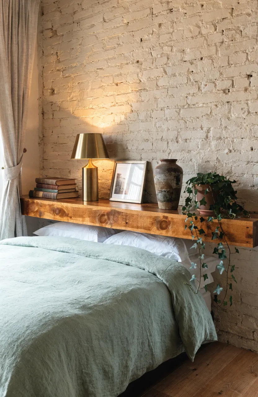 A thick wooden floating shelf with books and a lamp above a bed with sage green linens.