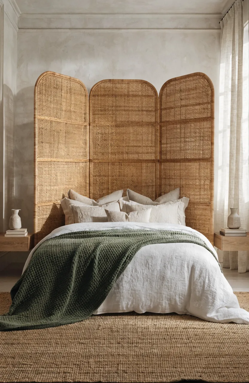 A king bed styled with a natural rattan screen as a headboard and layered green and white linens.