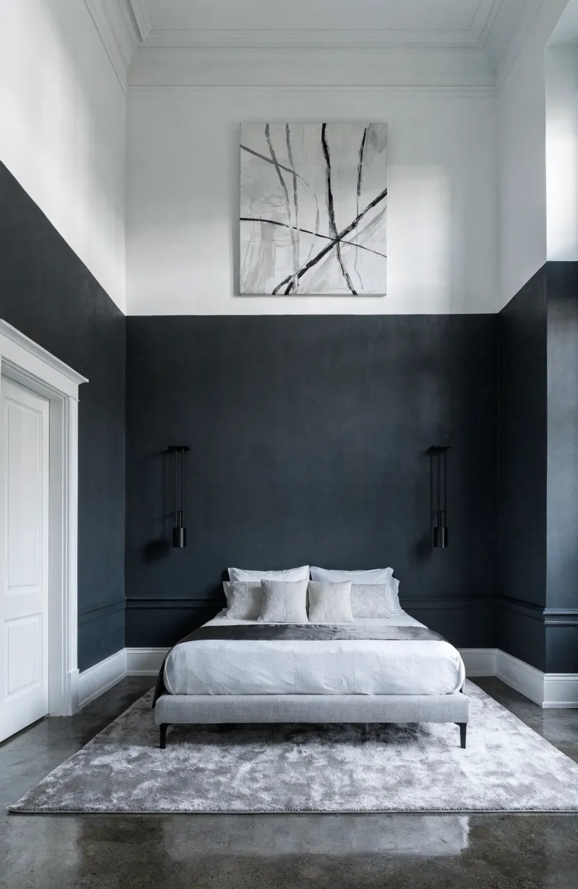 A modern bedroom featuring a charcoal grey painted color block on the lower wall behind a headboard-less bed.
