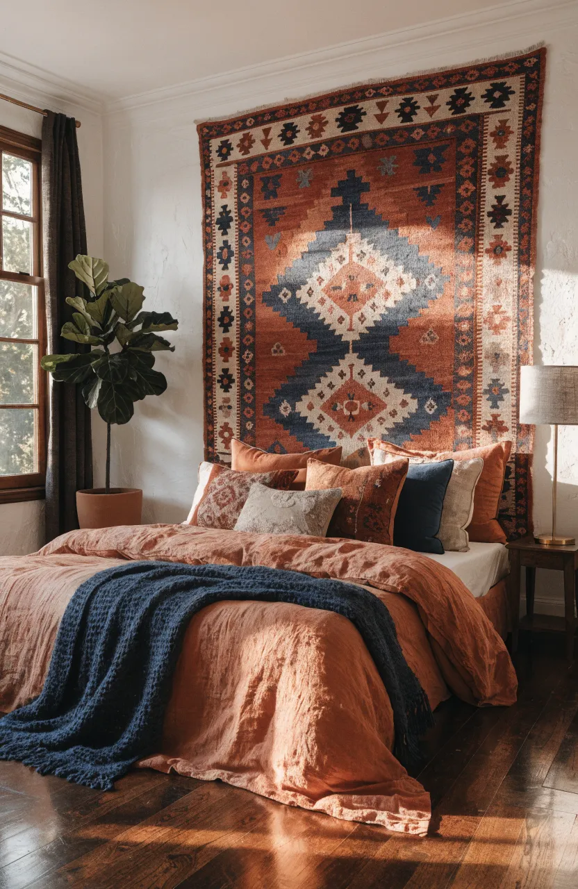 A vintage Turkish rug hung on the wall behind a bed with terracotta and navy linens.