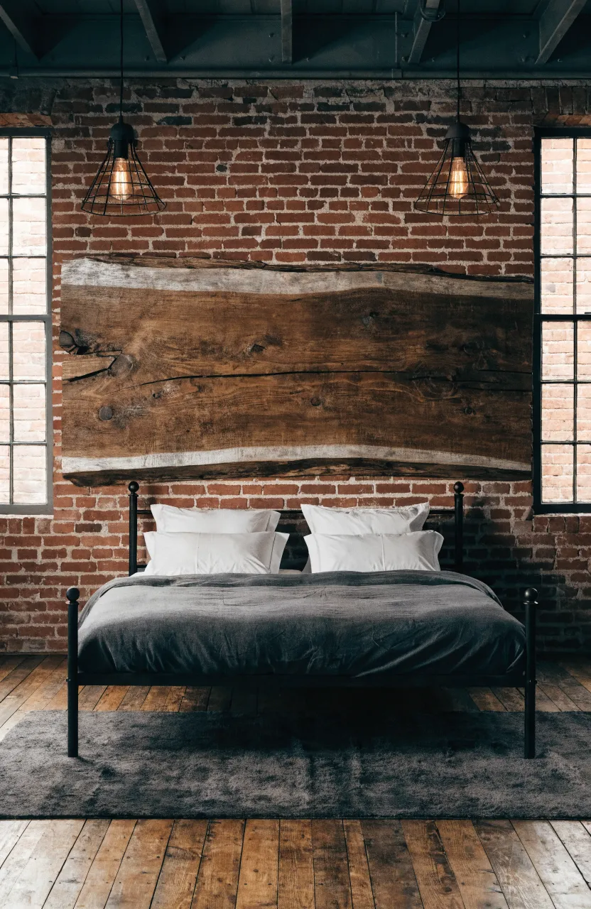 A rustic bedroom with a live-edge reclaimed wood plank mounted on a brick wall behind an iron bed.
