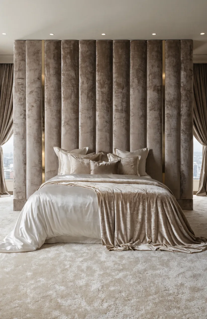 A luxury bedroom with taupe velvet upholstered panels covering the entire wall behind a grand bed.