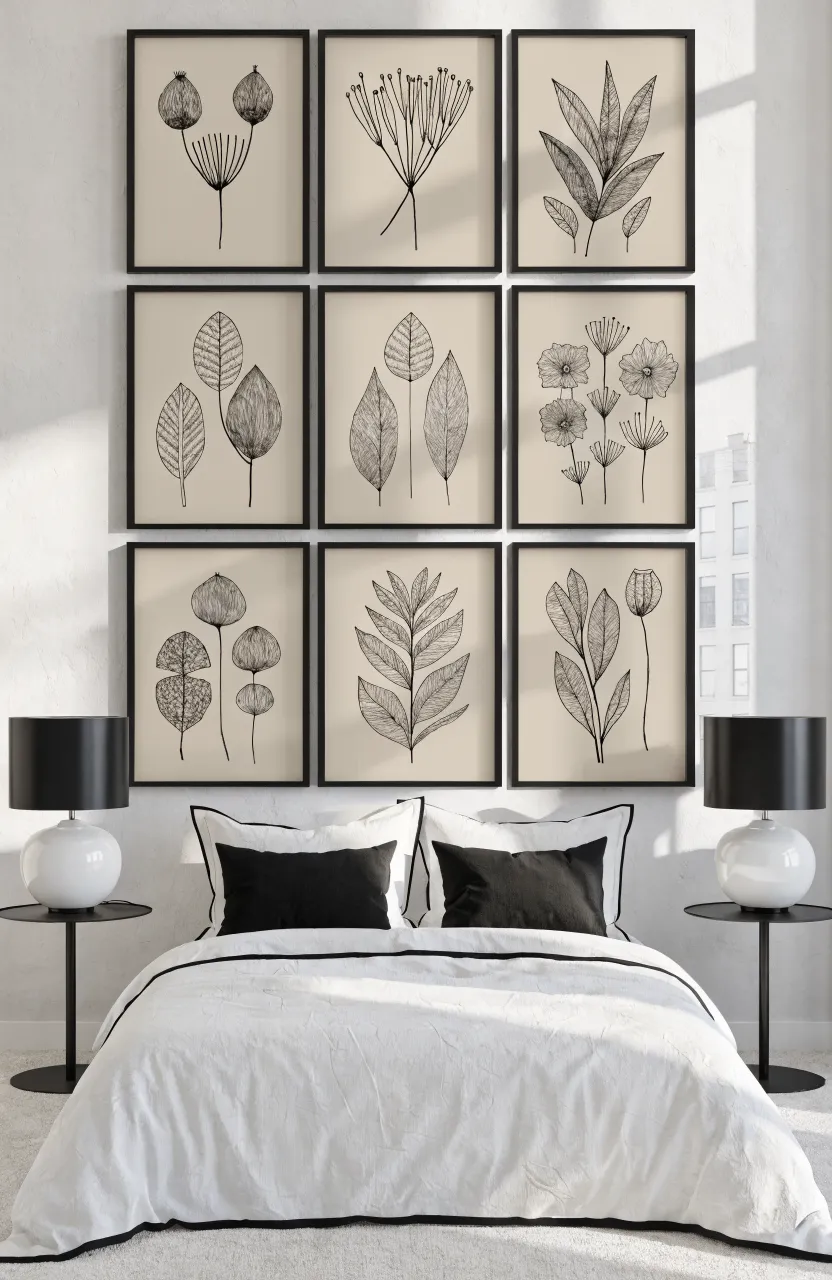 A bedroom with a 3x3 grid of black-framed botanical prints acting as a headboard behind a white bed.