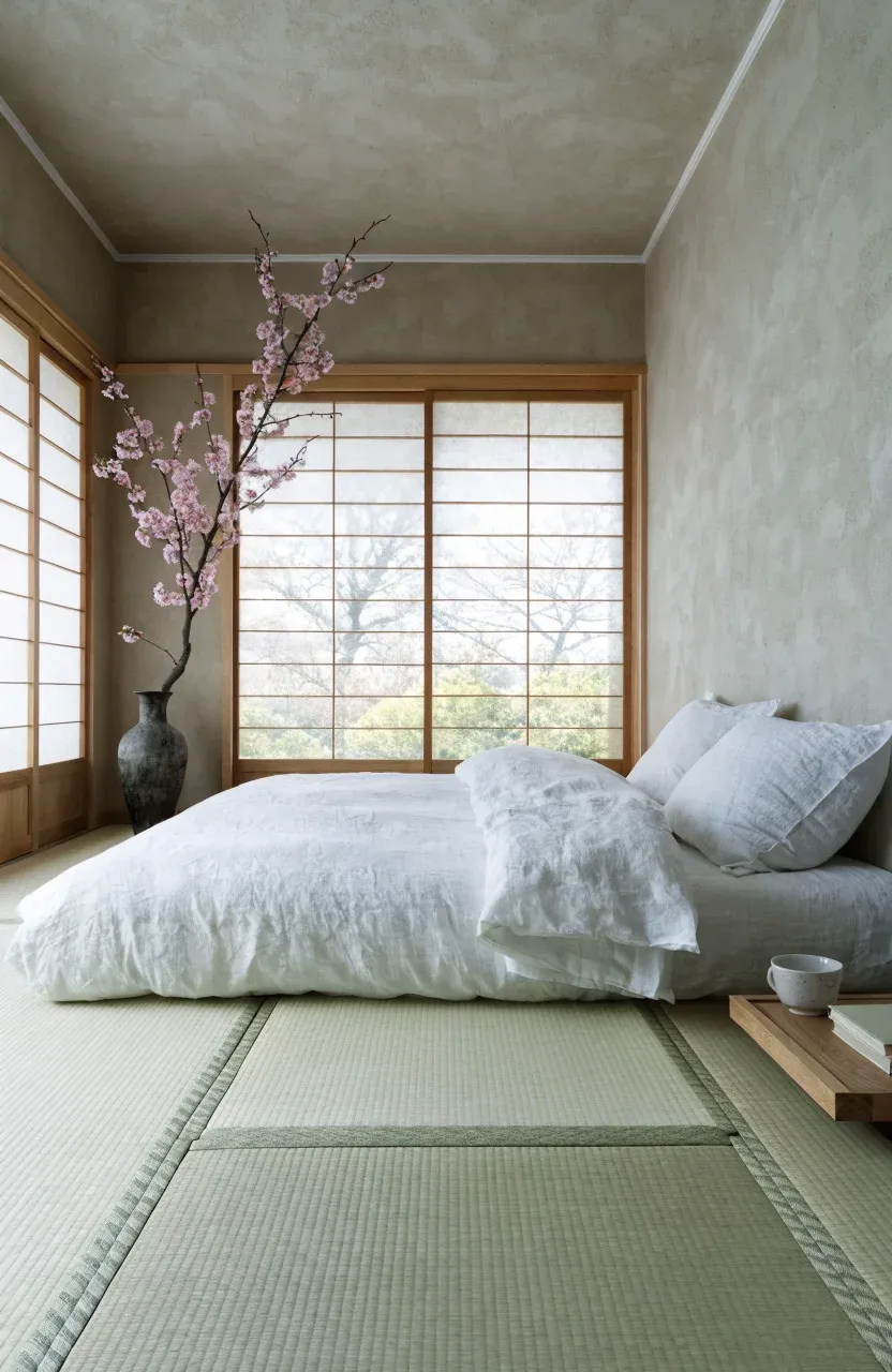 A minimalist bedroom with a mattress on Japanese tatami mats and shoji screens.