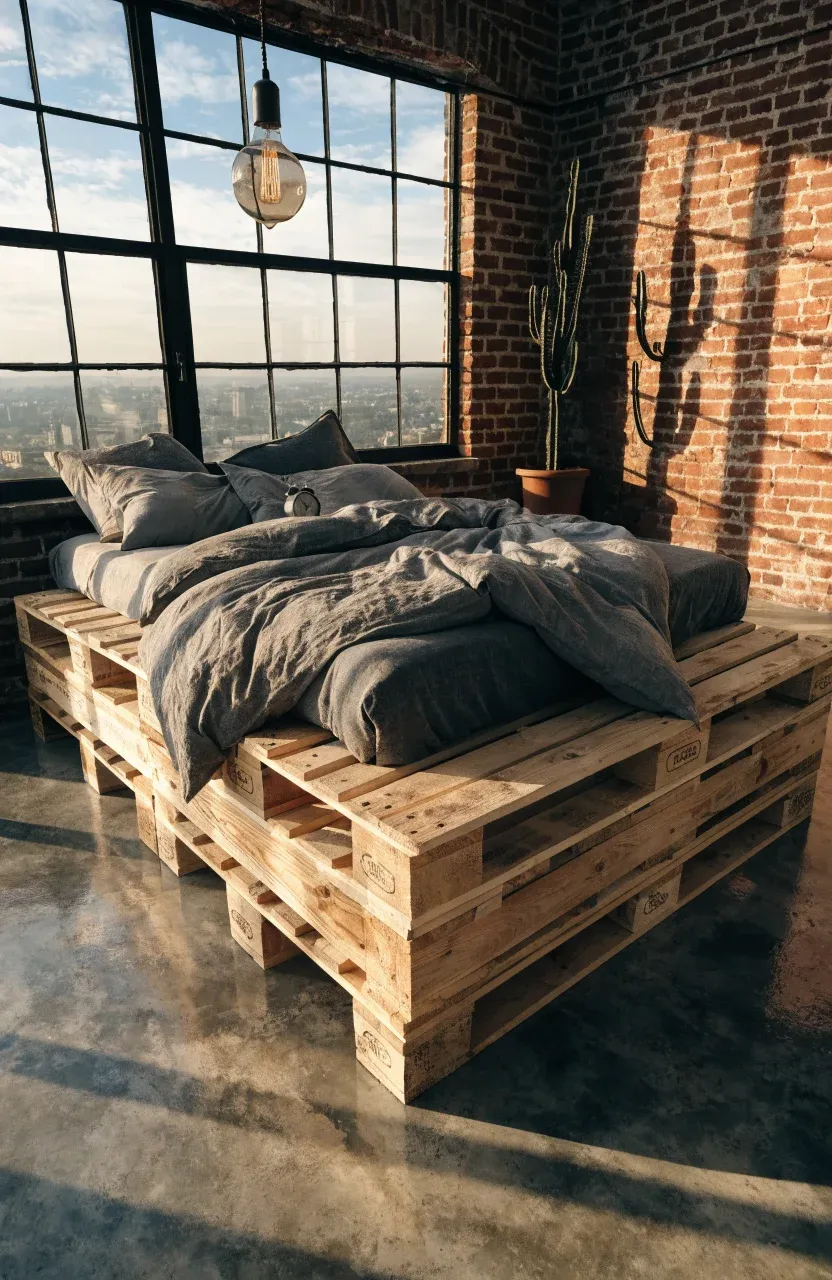An industrial bedroom with a mattress on a platform made of stacked wooden pallets.