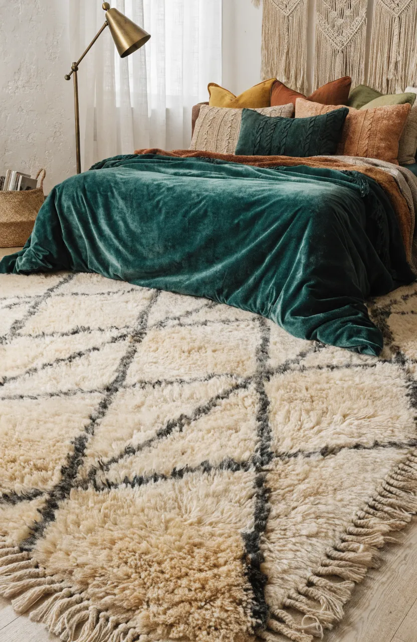 A cozy bedroom with a mattress placed on a thick, shaggy Moroccan area rug.