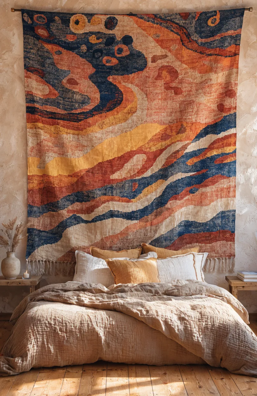 A bedroom featuring a large woven tapestry hanging on the wall behind a floor mattress.