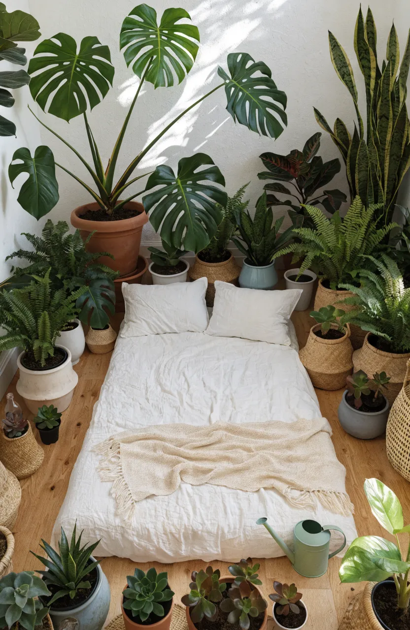 A floor mattress surrounded by a variety of lush green potted plants in a bright bedroom.