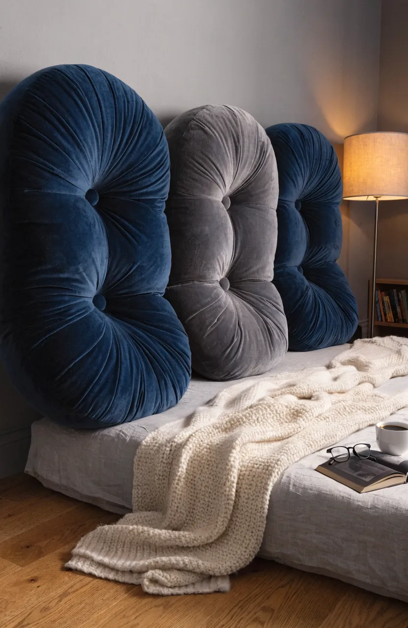 A bedroom with large velvet floor cushions used as a backrest for a mattress on the floor.