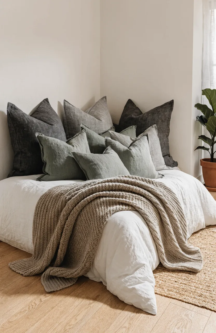 A cozy bedroom corner with a mattress on the floor, styled with large Euro sham pillows against the walls.