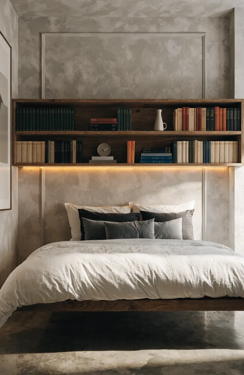 A walnut floating shelf installed above a floor bed, holding books and glowing with warm light.