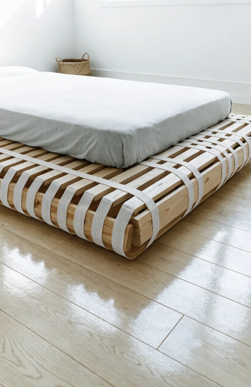 A wooden slat roll placed on a light wood floor underneath a mattress for airflow.